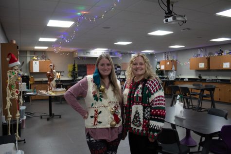 Mrs.Fiero and Mrs.Sigman dressed up for ugly sweater day