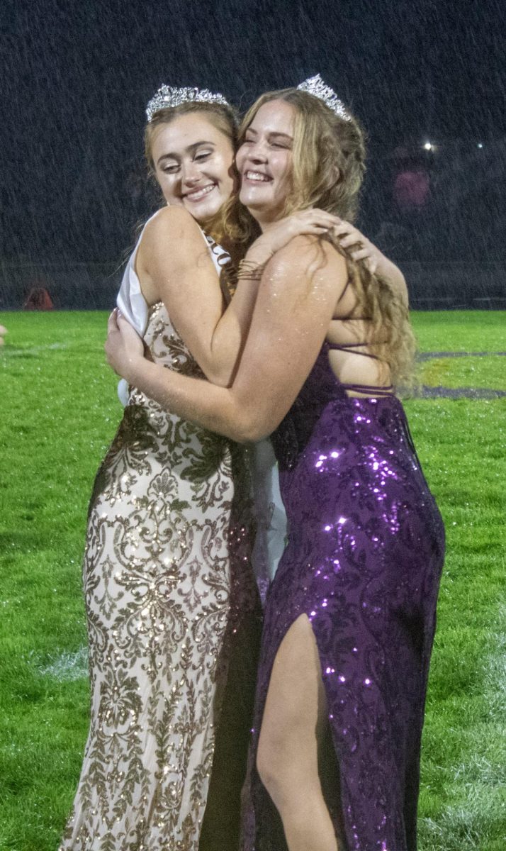Long time friends, Rylee Sinden and Ella Woolworth, embrace each other after Rylee Sinden gets crowned queen. 