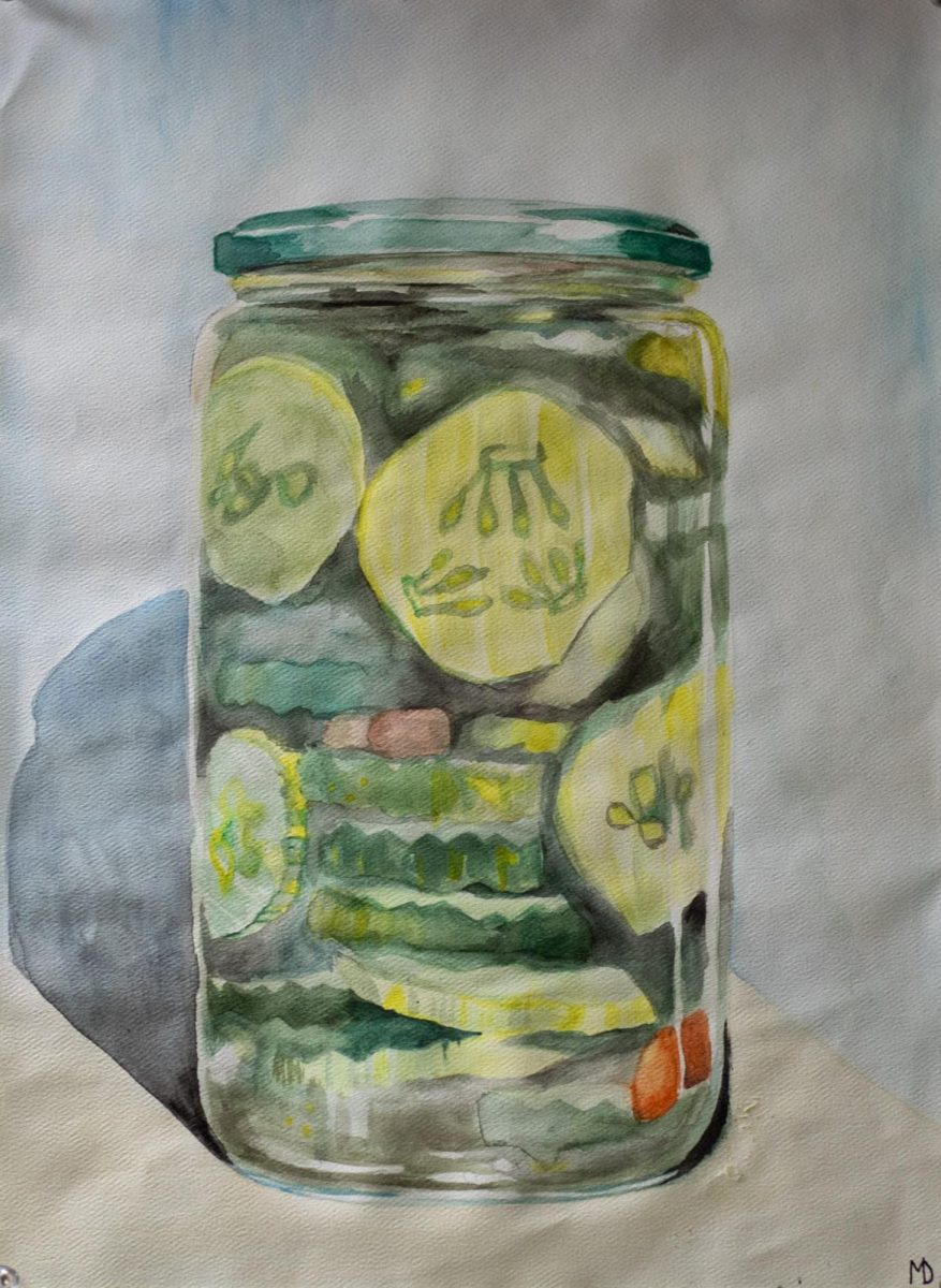Mykala Drews watercolor drawing of a pickle jar