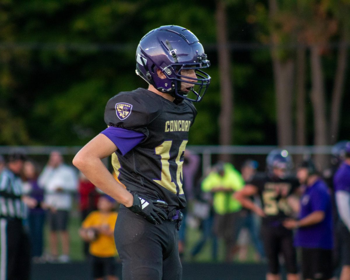 Sophomore Landen Lynn prepares for the next play in the Yellowjackets game on October 4th. 