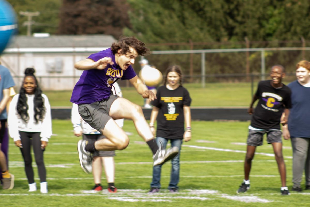 Senior Drew Uncapher participating in the pep rally. 