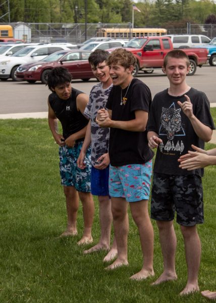 Senior boys after being soaked!